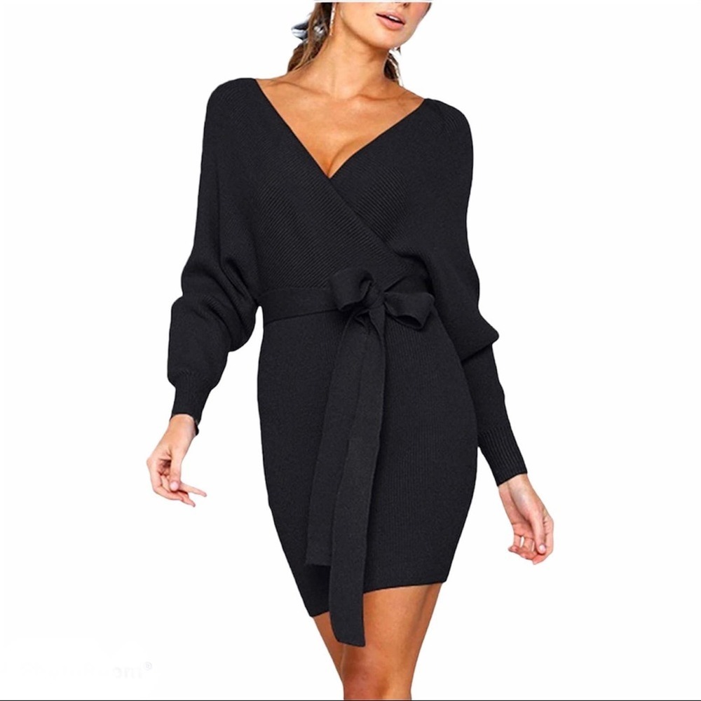 Women's Long Sleeve Backless Wrap Knit Sweater Dress L NWT